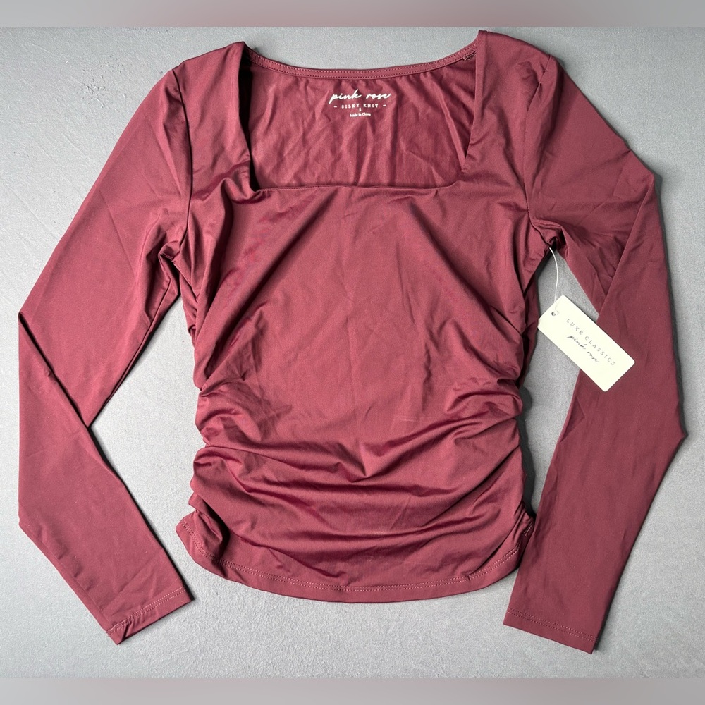 Pink Rose Silky Knit Top Small Wine Burgundy Ruched Long Sleeve Square Neck NWT